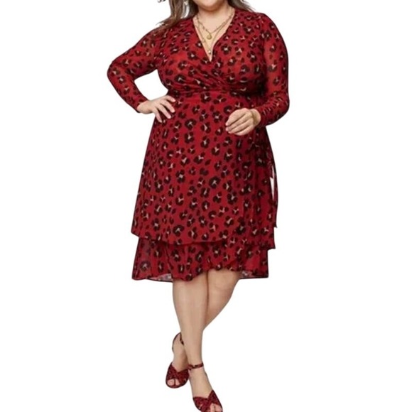 Cabi Siren‎ True Wrap Midi Dress XXL Savage Red Leopard Mesh Tie Waist V-… - Picture 1 of 11